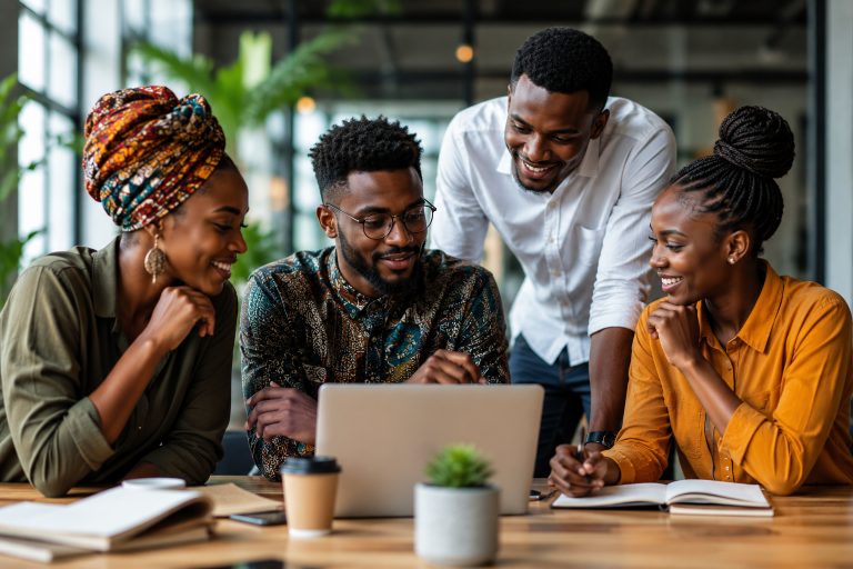 African entrepreneurs collaborating on a business idea in a modern African city