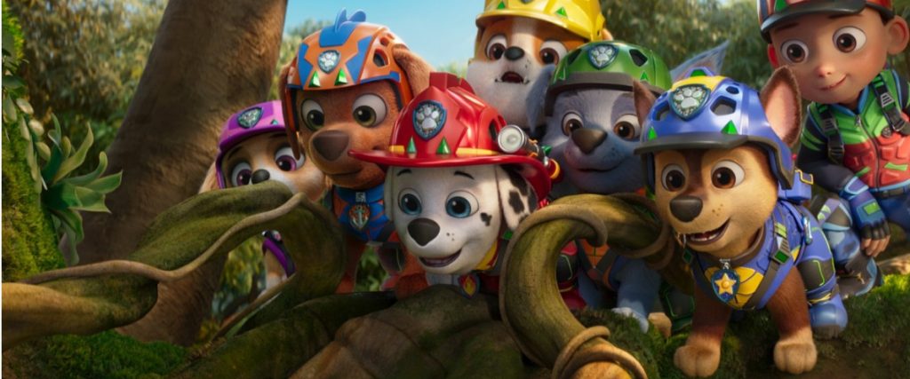 PAW Patrol characters on a dinosaur-themed adventure