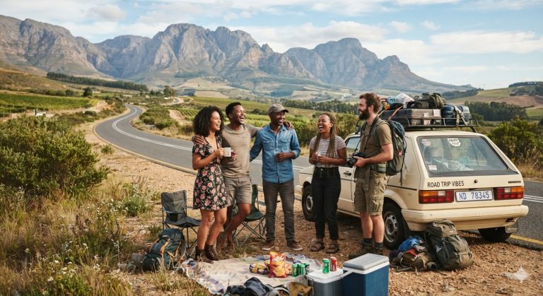 Realistic South African travellers enjoying an affordable road trip through scenic countryside, with a car, mountains and an open road in the background.