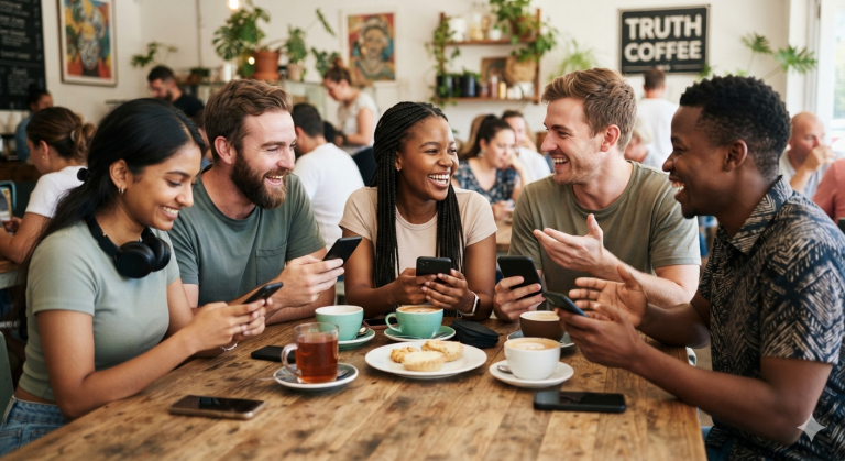 Realistic South African friends sitting together at a café while using smartphones, highlighting the balance between digital connection and real-life conversation.