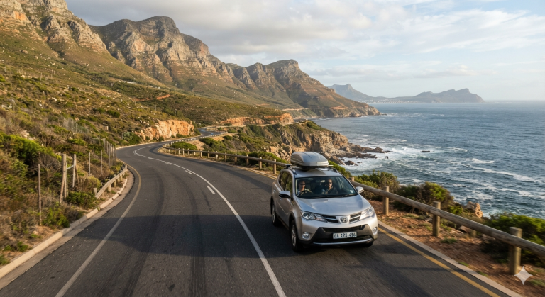 Realistic South African road trip along a scenic mountain and coastal route, with a car travelling on an open road surrounded by dramatic landscapes.
