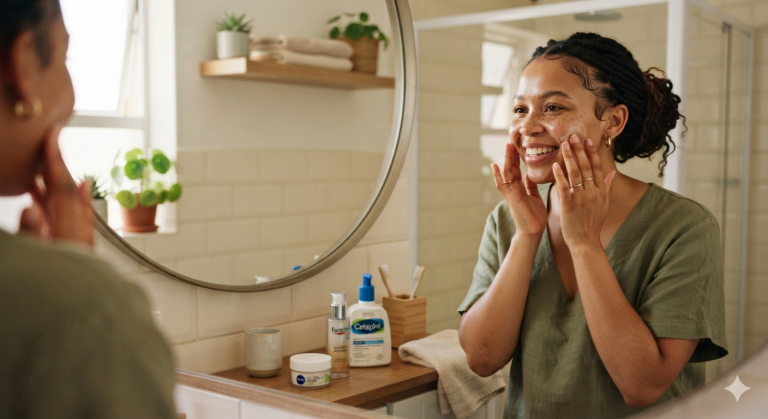 Realistic South African woman following a simple everyday beauty routine at home, with natural skin, neatly styled hair and skincare products on a bathroom counter.