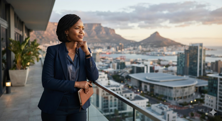Realistic South African professional standing thoughtfully in a modern city setting, reflecting on career success, ambition and achieving a balanced life.