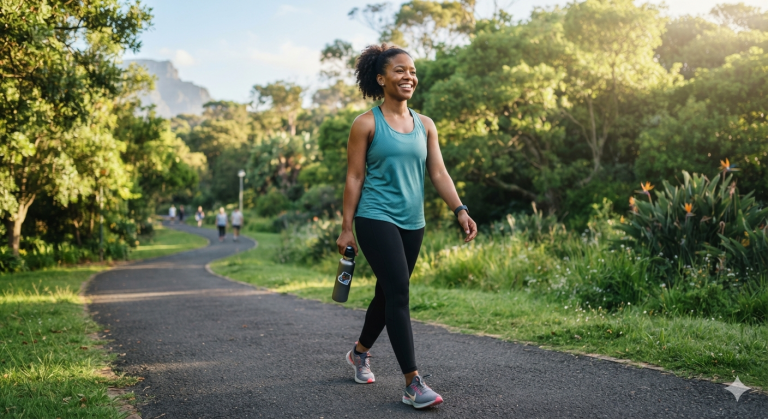Realistic South African woman enjoying a healthy lifestyle outdoors, walking in a green park with a water bottle and enjoying a peaceful morning.