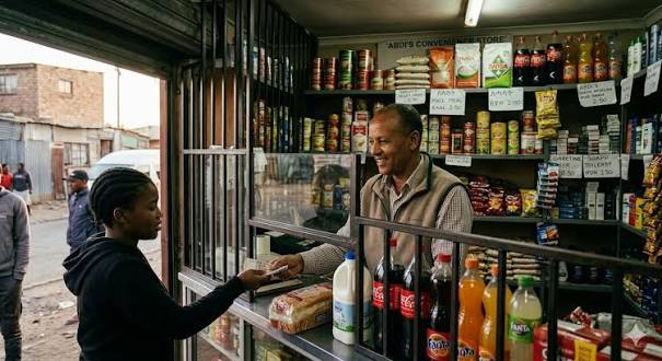 Realistic South African small business owner working in a local shop while serving customers.