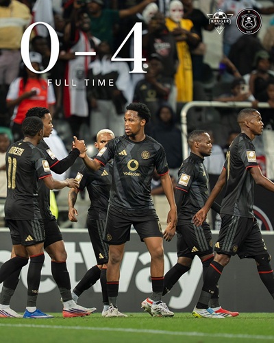Orlando Pirates players celebrate victory over Kruger United in the Betway Premiership