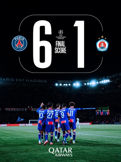 PSG players celebrate 6-1 Champions League win over Slovan Bratislava